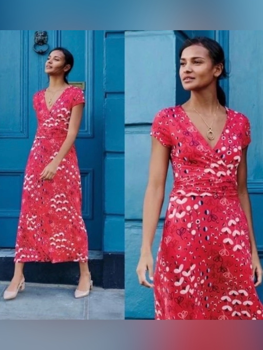 Boden Red Lily Jersey Floral Maxi Dress Faux Wrap Short Sleeve Peony